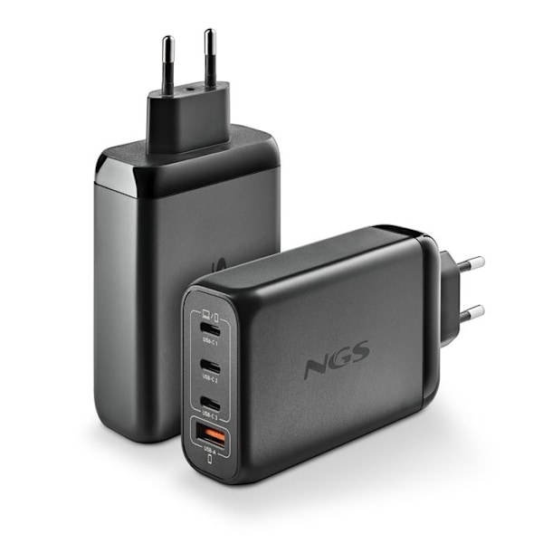 NGS BUD 140W: Universell väggladdare 140W med 4 portar: 3 USB-C + 1 USB-A. Snabb och säker laddning. Samtidig laddning.