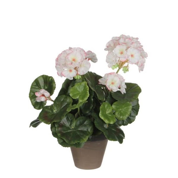 Konstgjord pelargonplanta i cementkruka - H34 x Ø20 cm - Vit, rosa - Glimmerdekorationer vit, lila