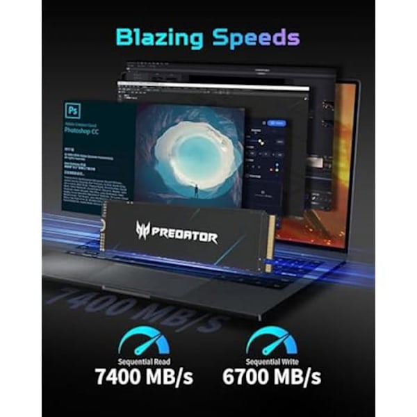 Acer Predator GM7000 2TB M.2 SSD 2280 NVMe Gen4 sisäinen kiintolevy pelaamiseen, yhteensopiva PS5:n kanssa jopa 7400 MB/s - BL.9BWWR.106