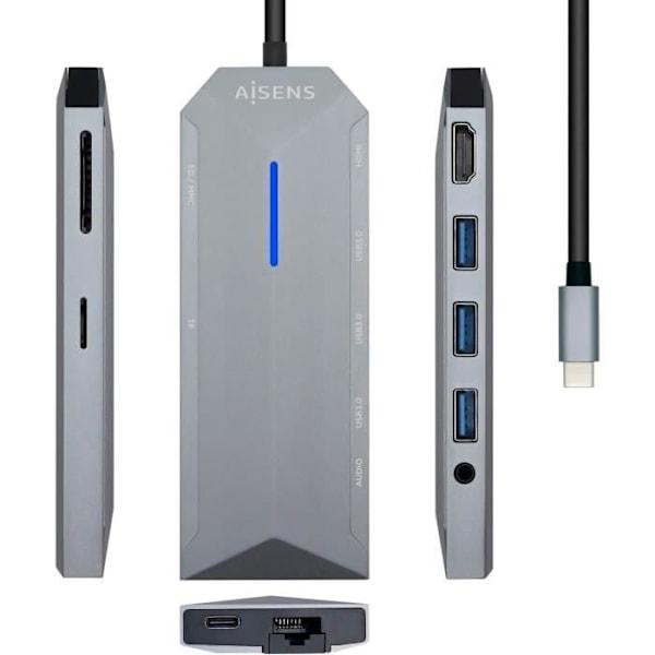 Dock USB-C 9 i 1 - AISENS - ASUC-9P001-GR - Aluminium - 100W PD - 4K HDMI
