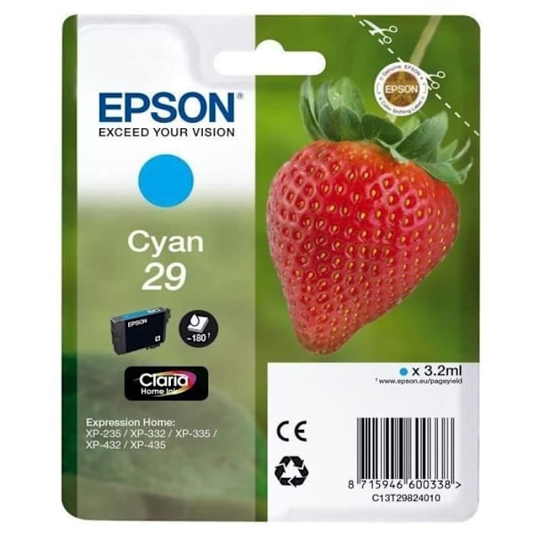 EPSON T2982 Cyan blækpatron - Jordbær (C13T29824012)