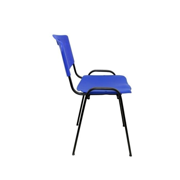 Pakke med 4 fortrolige, ergonomiske, stablbare, alsidige stole med sort struktur. Sæde og ryg i blå PVC.