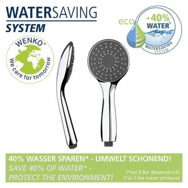 WENKO Vandbesparende brusehoved, 40% vandbesparelse, universelt mundstykke 1/2", plastik, ø9,6 cm, forkromet - grå