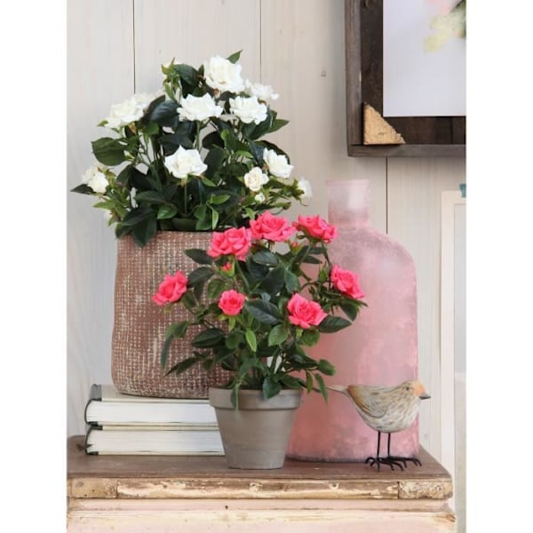 Glimmerdekorationer Rosenbusk kunstige planter i urtepotte - H33 x Ø25 cm - Hvid