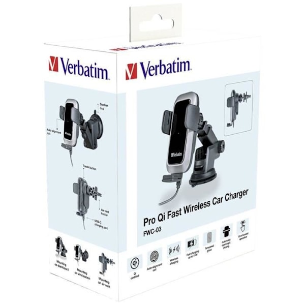 Verbatim FWC-03 Pro Qi Fast Trådløs Biloplader USB Induktiv Ladestation Sort Svart