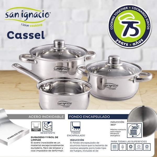 San Ignacio Cassel Induktion køkkengrej sæt 5 stk rustfrit stål: spand Ø16x7,5 pander Ø18x8,5 og Ø20x9,5 cms