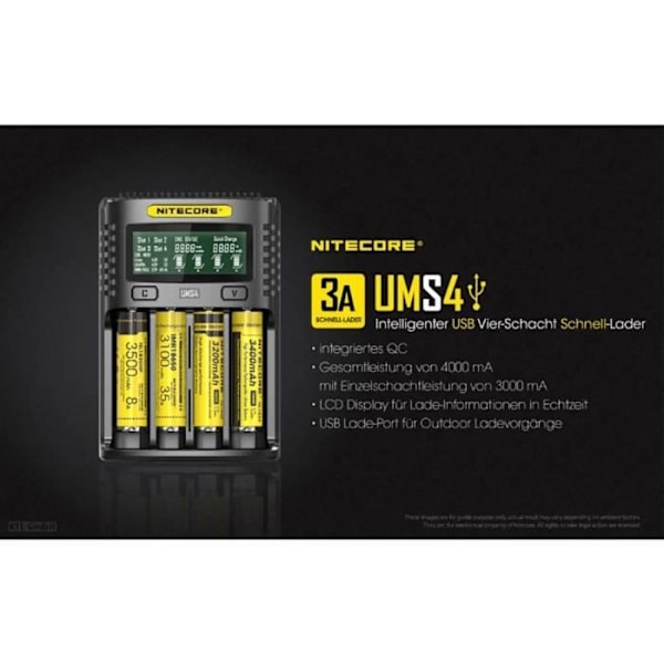 NiteCore UMS4 NiCd, NiMH, Li-ion, Li-polymere 10440, 10500, 12500, 12650, 13500, 13650, 14500, 14650, 16340, 16650, 1733