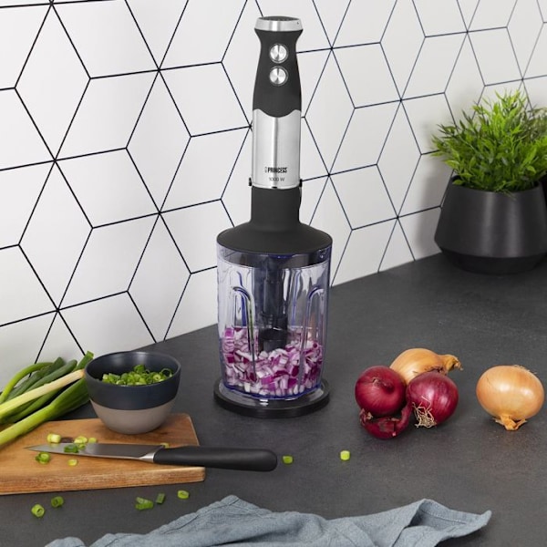 Princess 221221 stavblender - 1000 Watt - 4 knive - 25 cm rustfrit stålbund og Soft Touch håndtag - Med målebæger