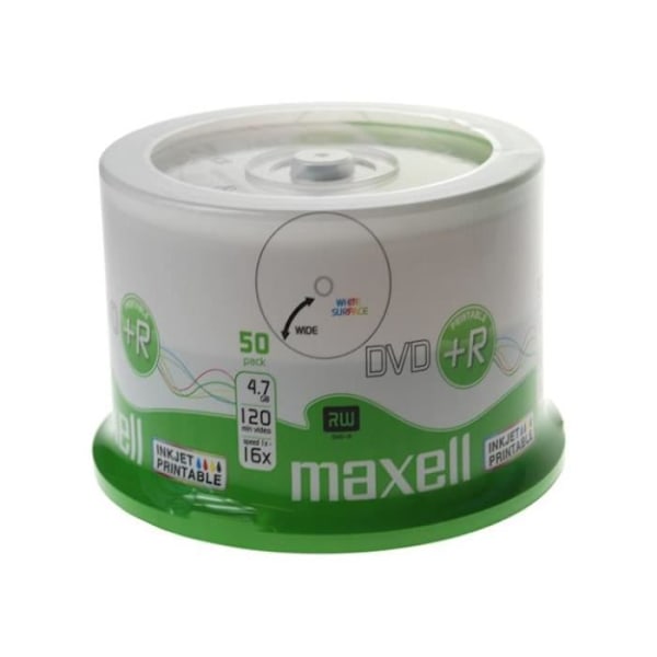 DVD+R - MAXELL - 4,7 Go 16x - Hvidt trykbart - Spindle med 50