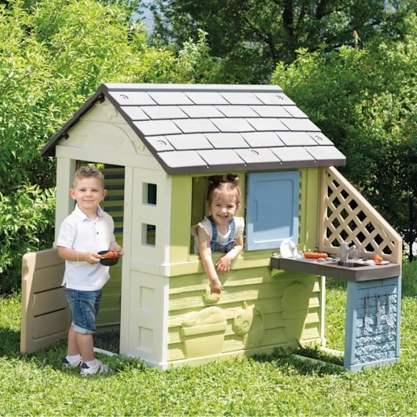 Smoby Life - Smuk Hus + Sommerkøkken - Grillplade og Vask - 17 tilbehør - Genbrugsmateriale - Fra 2 År