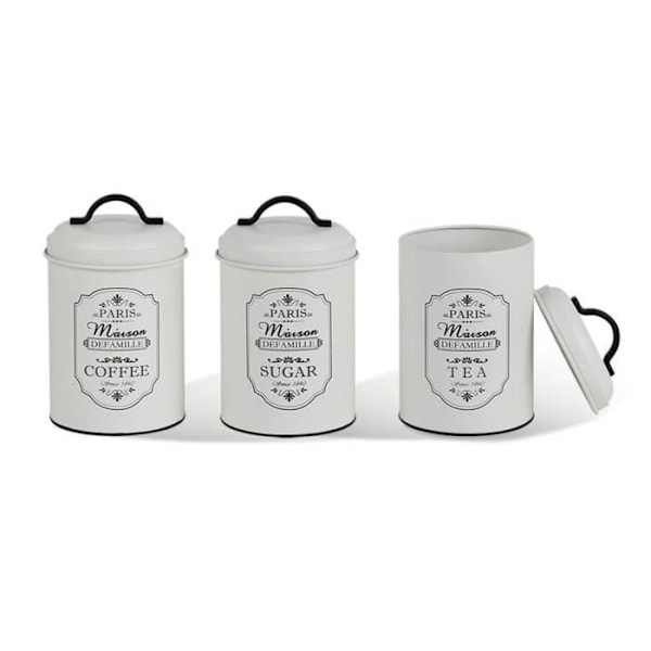 Set med 3 metallförvaringsbehållare Maestro Paris Sockerlåda Kaffe Te Köksbehållare 3x Ø11,3 x 18,5 cm Vit/svart Vit och svart