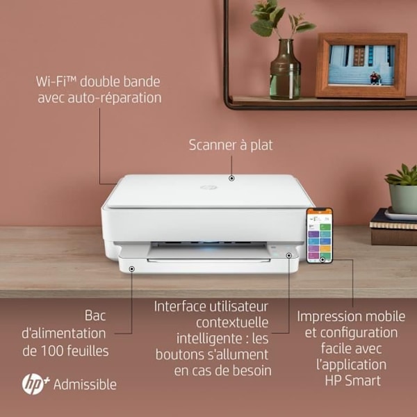 HP Envy 6022e Alt-i-én-printer - Farve blæk - Kopi Scan - Ideel til familien - 3 måneder af Instant ink inkluderet med HP+