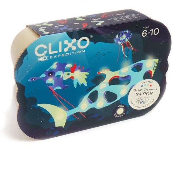Magnetsk konstruktionslegetøj - GIPSY TOYS - HAVDYR - 24 dele - Fosforescerende - 9 unikke former blå - röd - orange