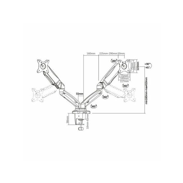 Aisens DT27TSR-045 Kaksoispöytäteline 13" - 27" Monitorille VESA 100x100 Max 6.5kg