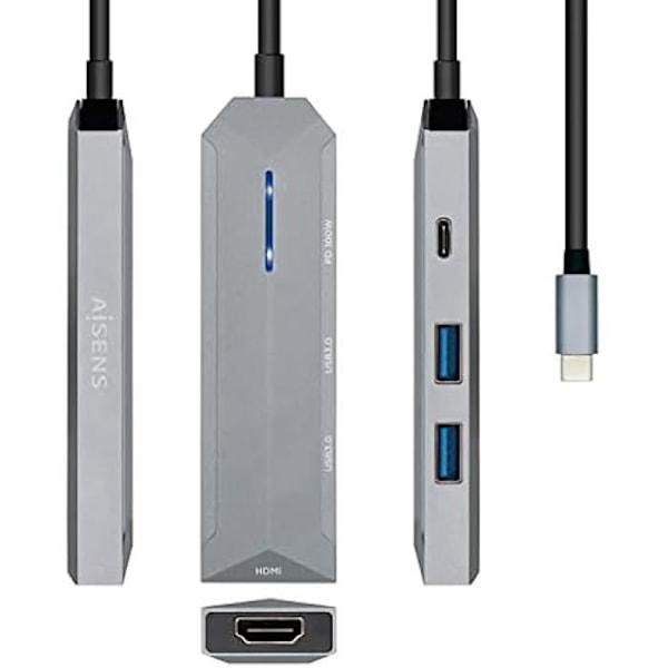 AISENS – USB-C-TELAKKA 4 IN 1, USB-C A 1xHDMI, 2xUSB, 1xPD, HARMAA, 15 cm