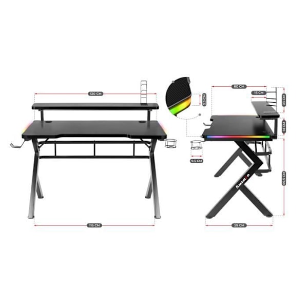 Pelipöytä HUZARO HERO 5.0 LED RVB - 120x60x69,5 cm, Juomakori, Kuuloketeline, PC-pöytä, Ergonominen, Pelitietokone sort