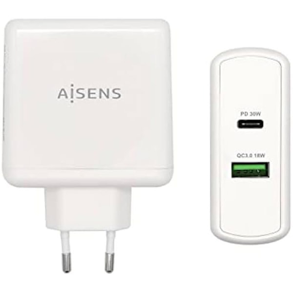 AISENS CARGADOR 48W 1xUSB-C PD3.0 30W 1xUSB-A QC3.0 18W Hvid Vit