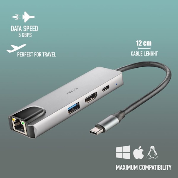 Multiport USB-C-adapter - NGS - WONDERDOCK SUPRA - Ultralätt aluminium - 4 portar - 4K HDMI