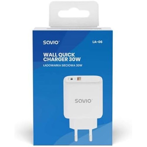Vægoplader - SAVIO - VÆGOPLADER 30W HURTIGOPLADNING Power Delivery 3.0 LA-06 Hvid