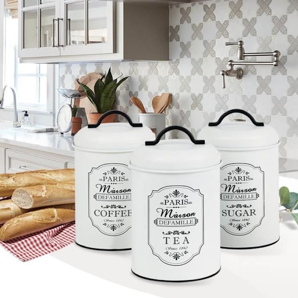 Sæt af 3 opbevaringsbokse i metal Maestro Paris Sukkerboks Kaffe Te Køkkenbeholder 3x Ø11,3 x 18,5cm Hvid/sort Vit och svart
