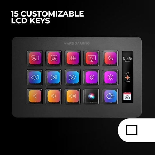 Kontrol Deck - Mars Gaming - MSD-One - 15 Tilpassede LCD-Taster - Ergonomisk Design - Windows og MacOS