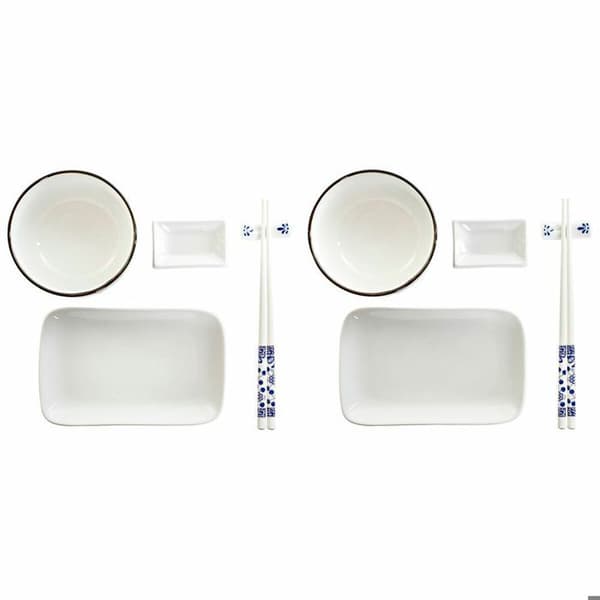 Sushitallrikar - DKD Home Decor - Set i porslin - Vit/Mörkblå - Rund - Elegant vit/marinblå