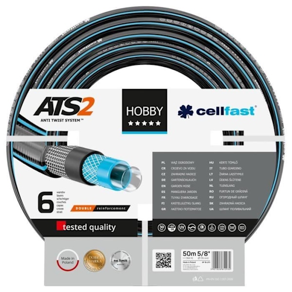 Cellfast HOBBY 6-kerroksinen puutarhaletku, 5/8", vahvistettu, 50 m pitkä, UV-suoja, imemisen esto