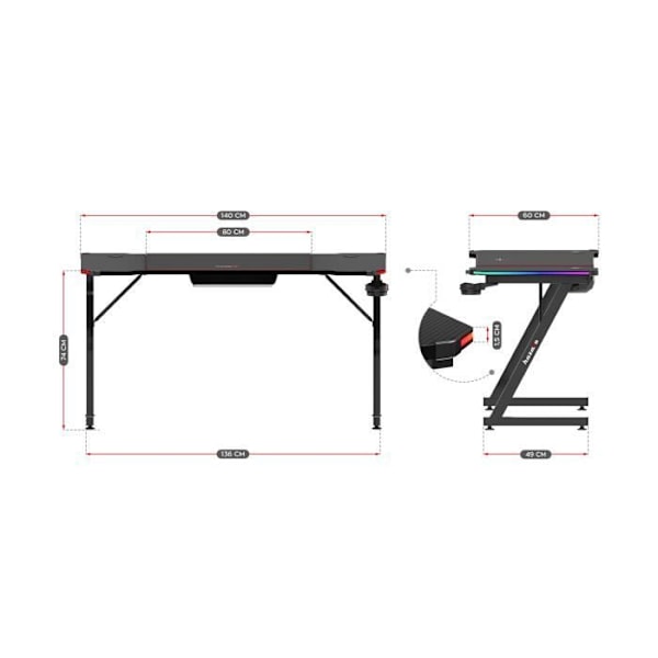 Bureau gaming HUZARO HERO 3.3 LED RVB Sort, 140x60x74cm, Drikkeholder, Hovedtelefonkrog, Pc gaming, Gamer-bureau svart