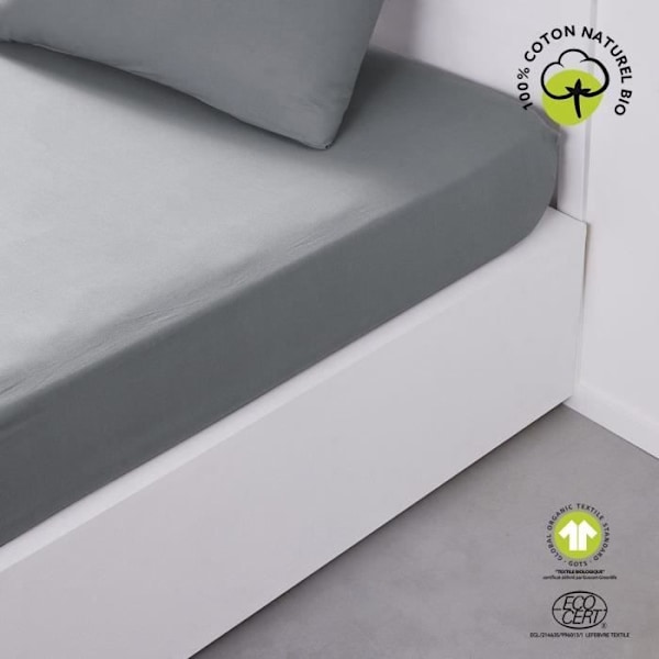 Drap housse - I DAG - 160 x 200 cm + 30 cm - Bomuld - Økologisk Stål STÅL