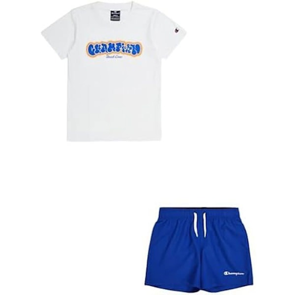 Boy's Champion Legacy Back to The Beach B Grafisk T-shirt med rund hals och WR-shorts komplett Vit/Elektrisk Blå 7-8 år gammal