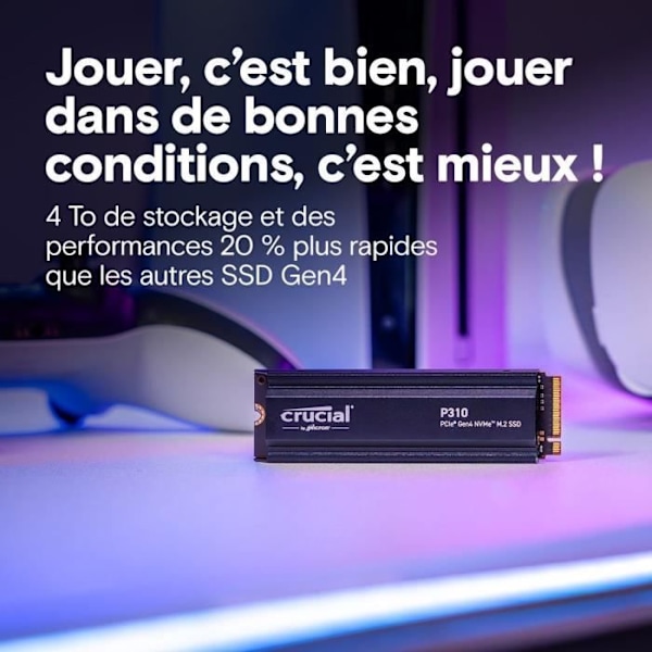 CRUCIAL - P310 - Intern SSD - 4 To - PCIe Gen4 NVMe M.2 - Med køler - Læsehastighed op til 7100 Mo/s - CT4000P310SSD5