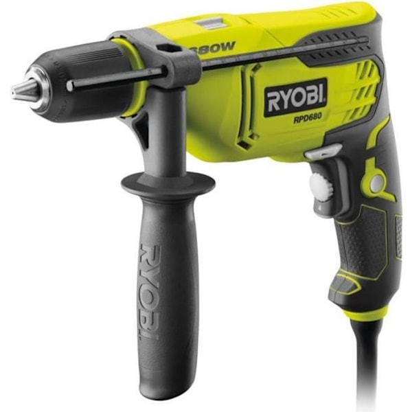 RYOBI - 680 W slagborr - 3 000 cp/min - 13 mm chuck - automatisk axellås + box & djupstopp - RPD680-K Grön