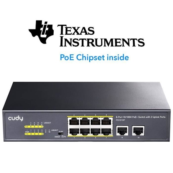 Cudy FS1010P Switch 10-100M PoE+ 10 porte, 120 W, 8 * 10-100Mbps PoE+ porte, CCTV-VLAN-tilstand, 802.3af- 802.3at