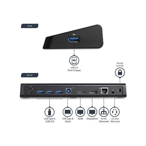 USB 3.0 - STARTECH.COM - DisplayPort 4K - 2 HDMI/DP-videolähtöä - GbE-portti - Musta