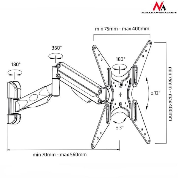 Support til TV for LCD, LED og plasma 32-55" 22kg Maclean Brackets MC-784
