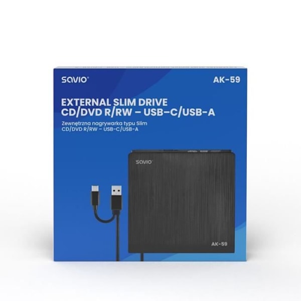 Ekstern DVD-afspiller SAVIO - Slim AK-59 - Hvid - USB-C/USB-A - Tray - CD/DVD - 14.7x14.1x1.7cm
