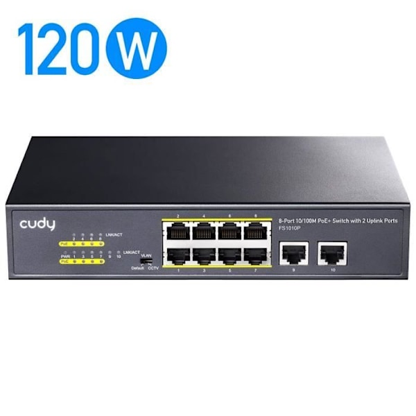 Cudy FS1010P Switch 10-100M PoE+ 10 porte, 120 W, 8 * 10-100Mbps PoE+ porte, CCTV-VLAN-tilstand, 802.3af- 802.3at Sort