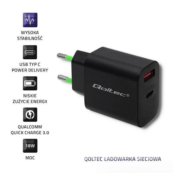 Qoltec Oplader 18W 5-12V, 1.5-3A, USB C - 5901878517131