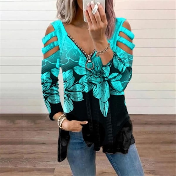 Axelbandslös blommig blus - Märke - Modell - V-ringad - Lös fåll - Retro tunika - Grön blomleopard Grön blomma XXXXXL