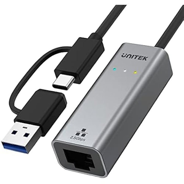 USB/RJ-45 - Unitek - U1313C - 2,5 Gbps - USB-A ja USB-C - Yhteensopiva kaikkien käyttöjärjestelmien kanssa