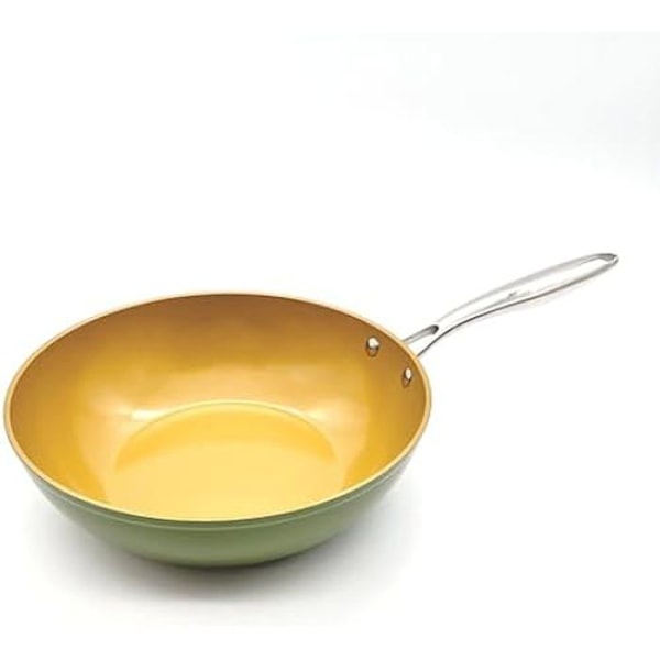 Wok - AMERCOOK - AmVegan Kock 28 cm - Keramisk Non-stick med Olivolja - 100% Vegansk - Induktion & Ugn Grön