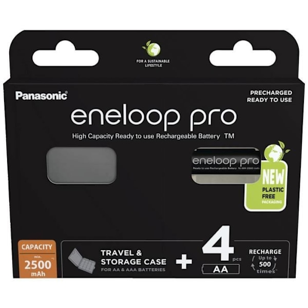 Genopladeligt batteri LR6 (AA) NiMH Panasonic eneloop pro HR06 +Box 2500 mAh 1,2 V 4 stk.