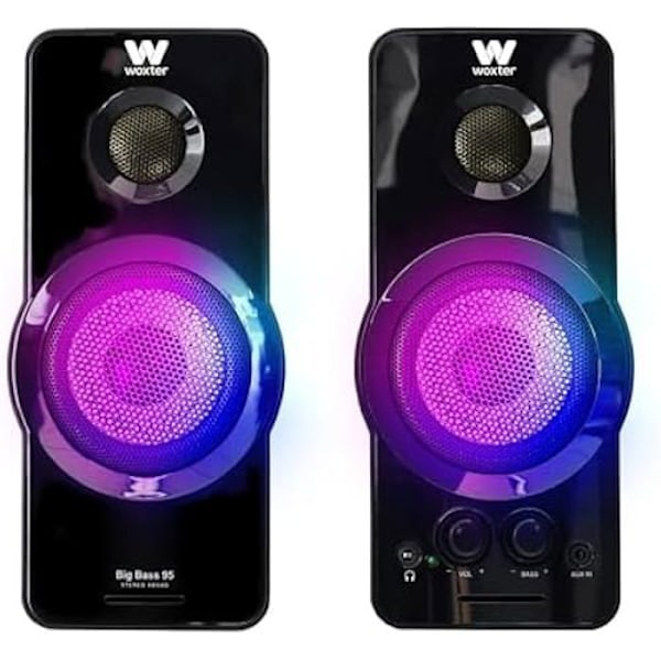 Woxter Big Bass 95 RGB Tehokkaat 20 W multimediastereokaiuttimet, 3,5 mm:n liitäntä, RGB-valo, AUX ja painikkeet ja portit