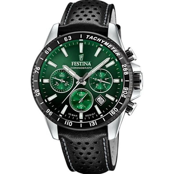 Ur - Festina - Chrono - Grøn urskive - Sort læder/stof rem - 45 mm Quartz bevægelse