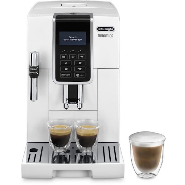 Automatisk espressomaskin med kvarn - DELONGHI Dinamica ECAM350.35.W - Ångmunstycke - 15 bar - Kaffeapparat med bönor - Vit Vit
