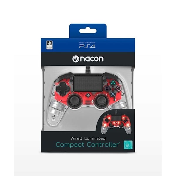 Naconin punainen läpinäkyvä langallinen Compact Controller PS4:lle, yhteensopiva PC:n kanssa