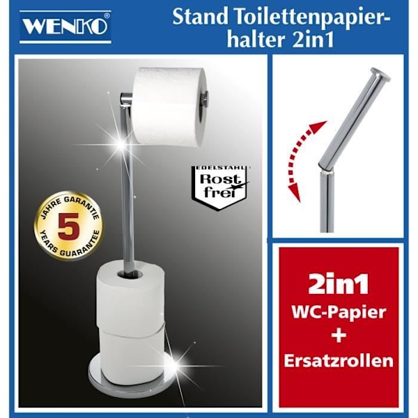 WENKO 2in1 Toalettpappershållare, Toalettpappershållare och Toalettpappershållare, Stål, 21x55x17 cm, Blank