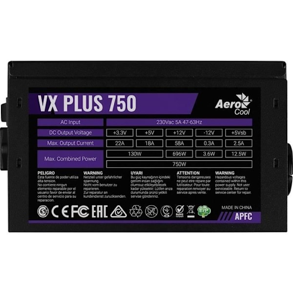 Strömförsörjning - AEROCOOL - PGS VX-750PLUS - 80+ - 750W - För stationära datorer