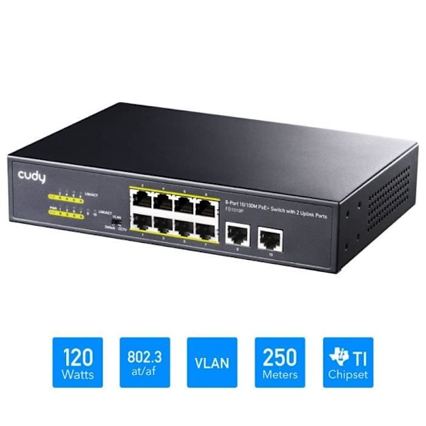 Cudy FS1010P Switch 10-100M PoE+ 10 porte, 120 W, 8 * 10-100Mbps PoE+ porte, CCTV-VLAN-tilstand, 802.3af- 802.3at