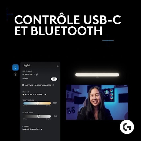 Ringlys Logitech G Litra Beam LX dobbelt premium RGB LED-streaming accentlys med TrueSoft, LIGHTSYNC, Bluetooth